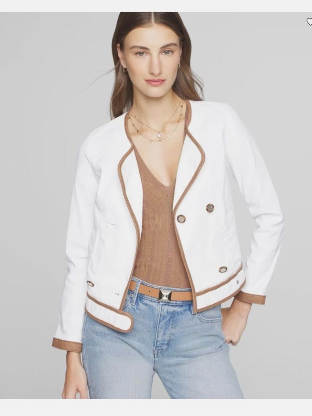 White House Black Market White Cropped Blazer with Brown Trim